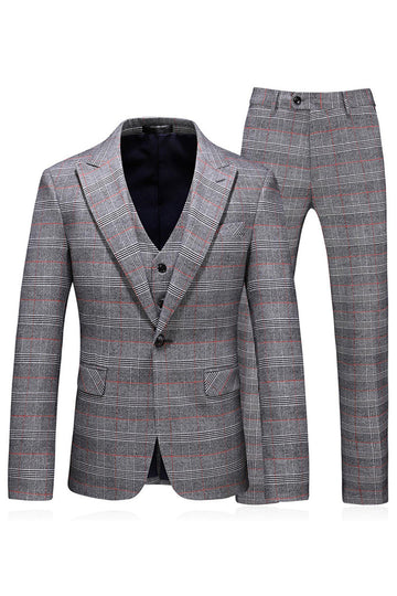 Homens Cinzento Xadrez Pico Lapela 3 Peças Prom Suits